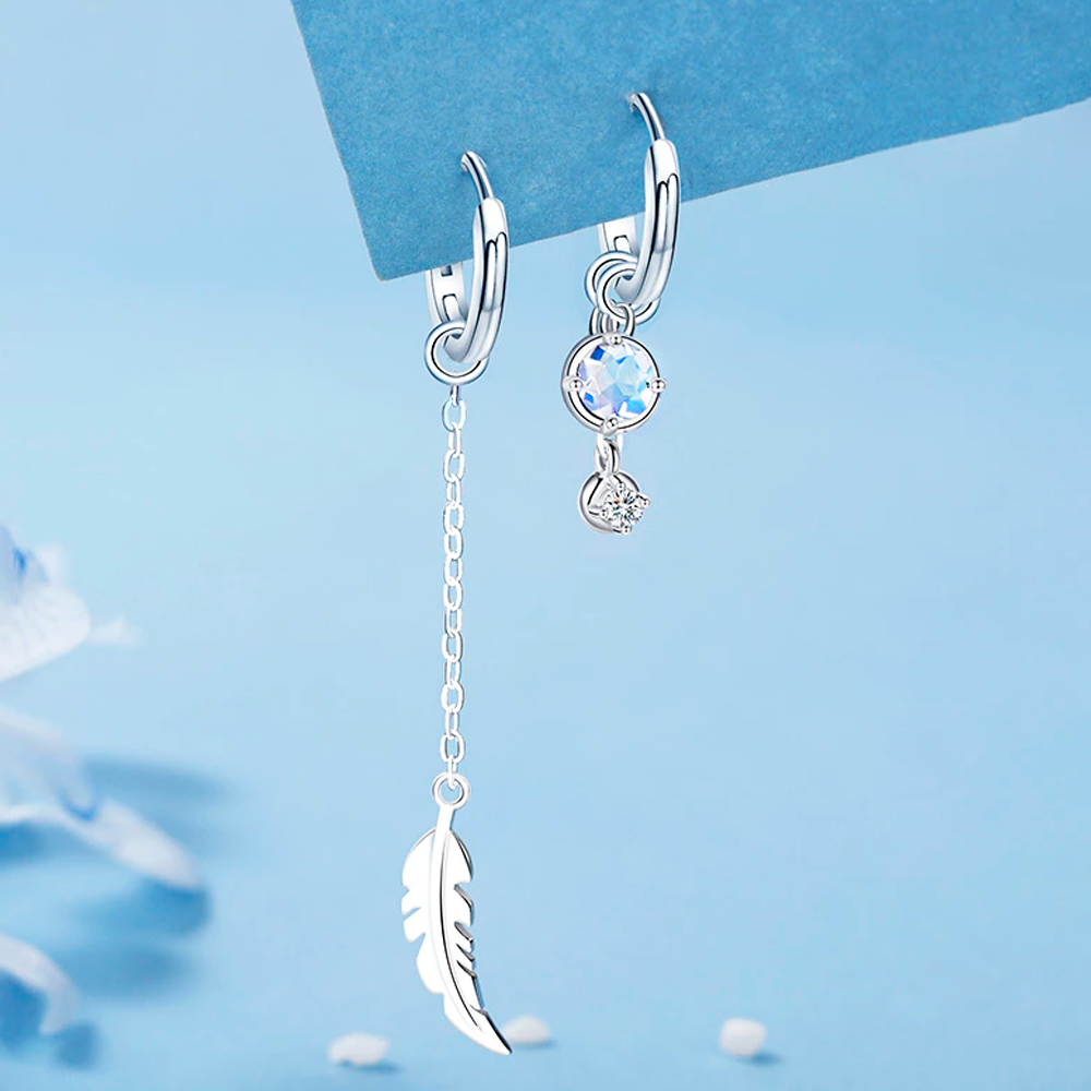 Elegant Asymmetric Feather Earrings | Sterling Silver Moonstone Jewellery-State of Style