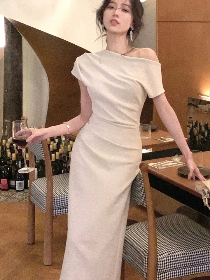 Elegant bodycon maxi dress with off-shoulder – Valentina-Beige-S-State of Style