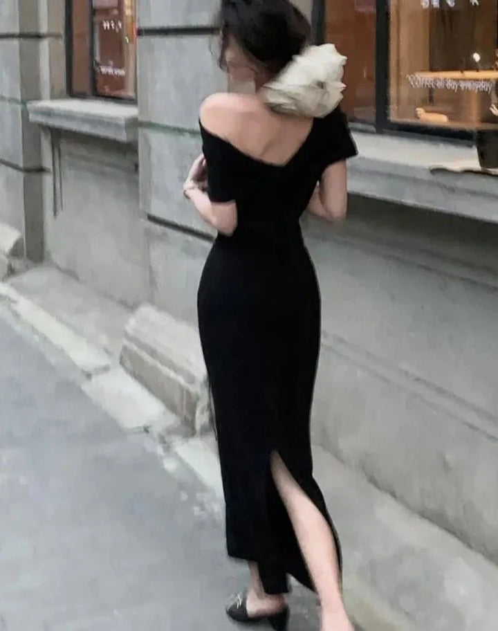 Elegant bodycon maxi dress with off-shoulder – Valentina-Beige-S-State of Style
