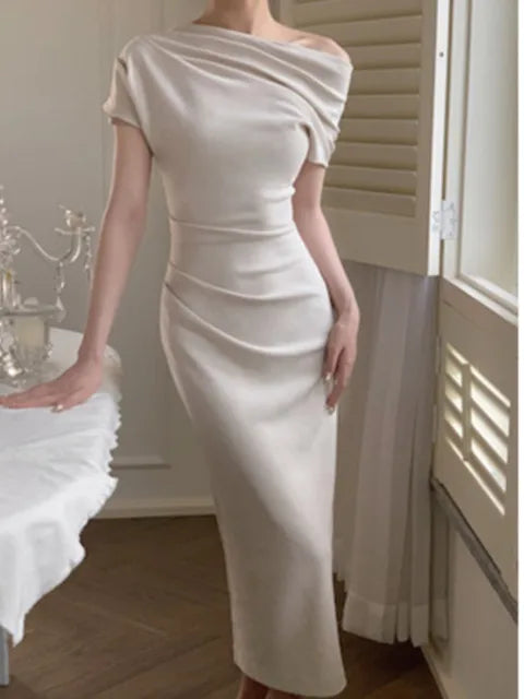 Elegant bodycon maxi dress with off-shoulder – Valentina-Beige-S-State of Style