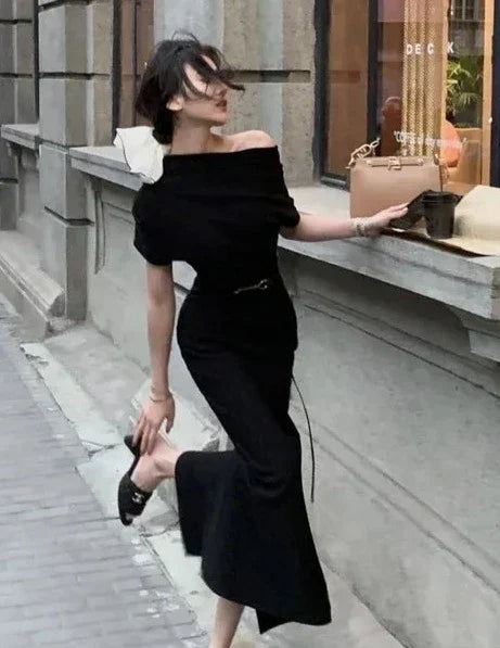 Elegant bodycon maxi dress with off-shoulder – Valentina-Black-S-State of Style