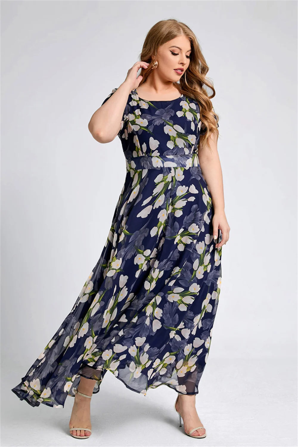 Elegant Casual A-Line Plus-Size Dress-Navy Blue-2XL-State of Style