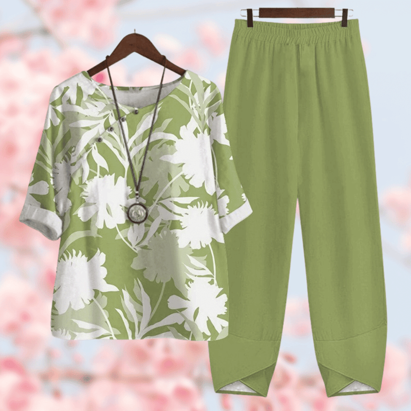 Elegant Comfort Collection | Cecily Shirt and Pants Set-Green-M-State of Style
