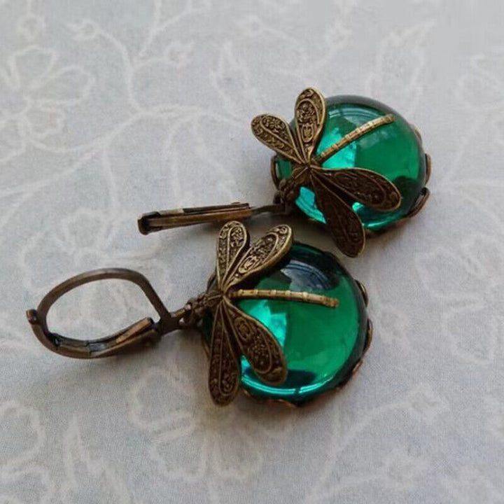 Elegant Dragonfly Moonstone Drop Earrings-GREEN-State of Style