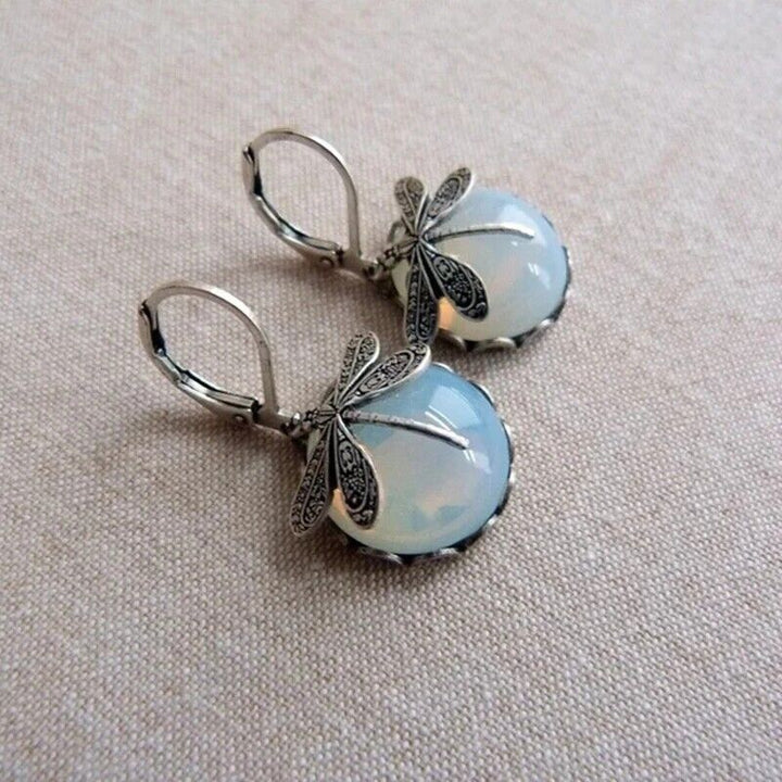 Elegant Dragonfly Moonstone Drop Earrings-SILVER WHITE-State of Style