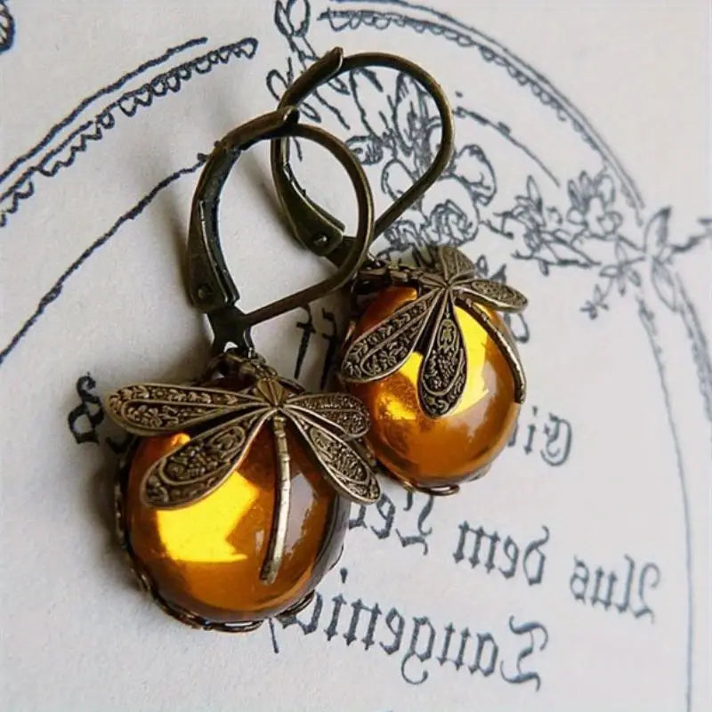 Elegant Dragonfly Moonstone Drop Earrings-YELLOW-State of Style