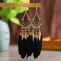 Elegant Feather Earrings | Long Dangle Jewellery for Women-Diamond black-State of Style