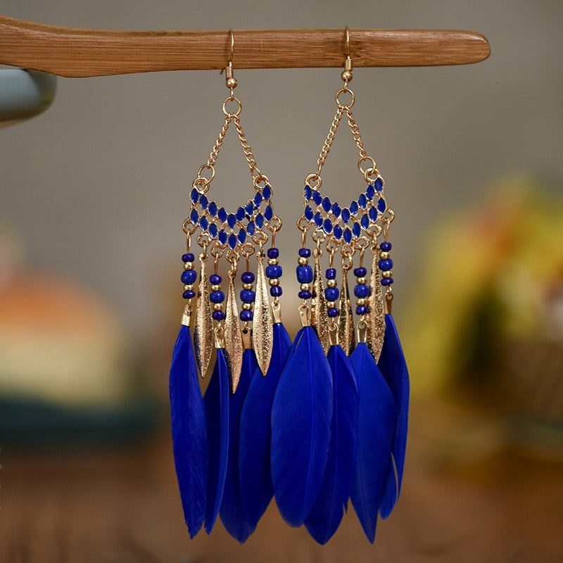 Elegant Feather Earrings | Long Dangle Jewellery for Women-Navy blue-State of Style