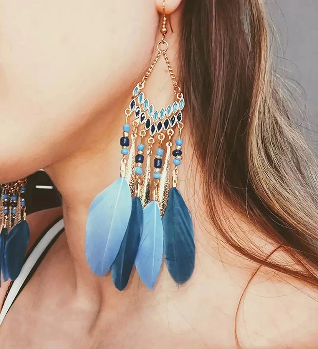 Elegant Feather Earrings | Long Dangle Jewellery for Women-Sky blue-State of Style