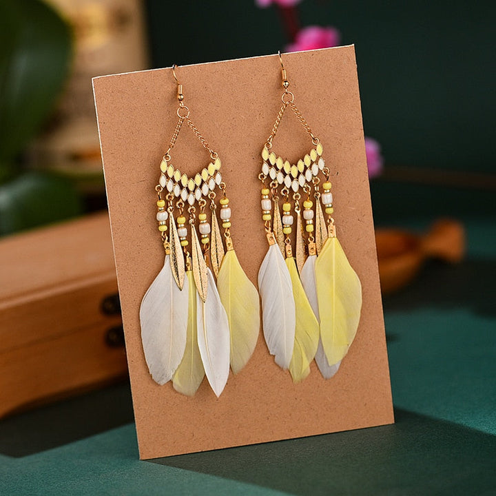 Elegant Feather Earrings | Long Dangle Jewellery for Women-White yellow-State of Style