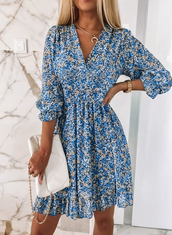 Elegant Floral Mini Dress-Blue-S-State of Style