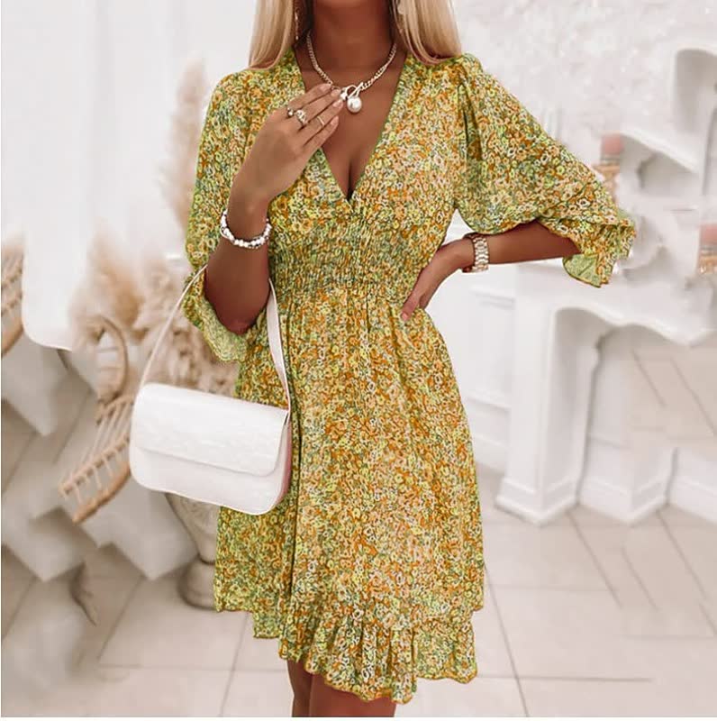 Elegant Floral Mini Dress-Yellow-S-State of Style