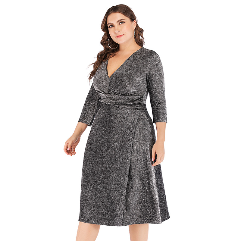 Elegant Glitter Wrap Dress in Plus Sizes-Grey-2XL-State of Style
