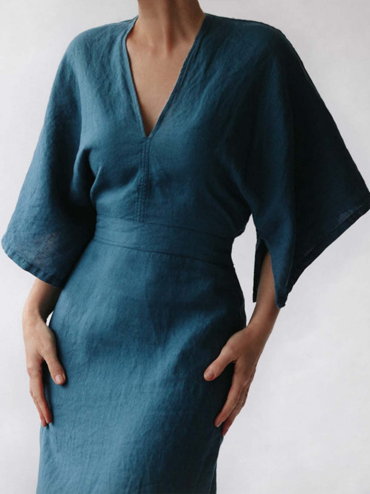 Elegant Ink Blue Linen Dress | Comfortable & Stylish-Brown-S-State of Style