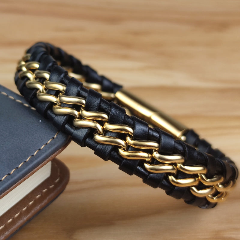 Elegant Leather Bracelet | Stylish Women's Jewellery-Black/Gold-8"-State of Style