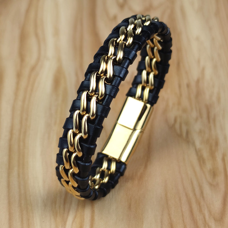 Elegant Leather Bracelet | Stylish Women's Jewellery-Black/Gold-8"-State of Style