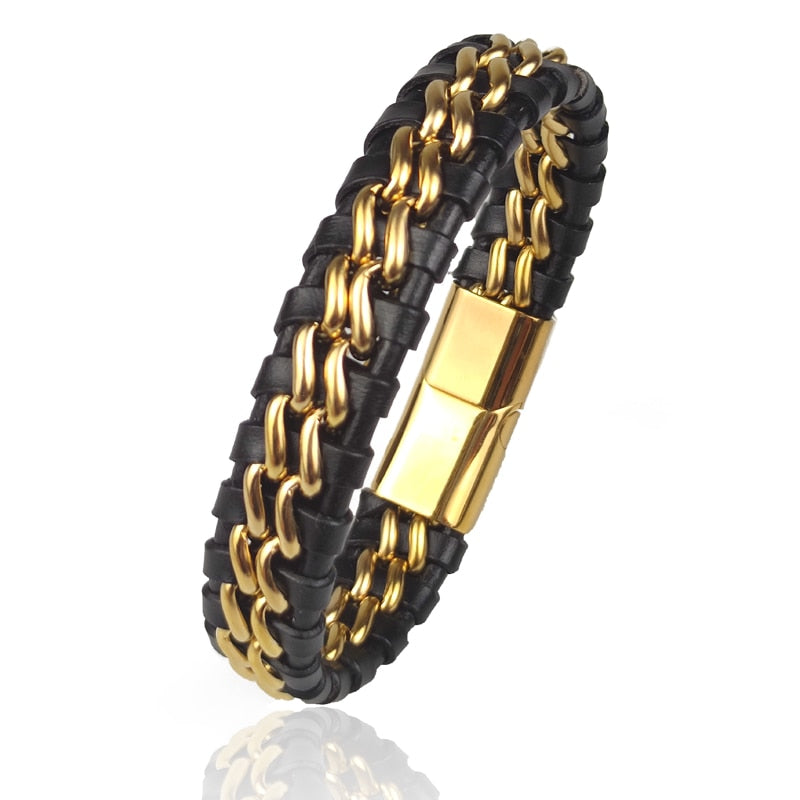 Elegant Leather Bracelet | Stylish Women's Jewellery-Black/Gold-8"-State of Style
