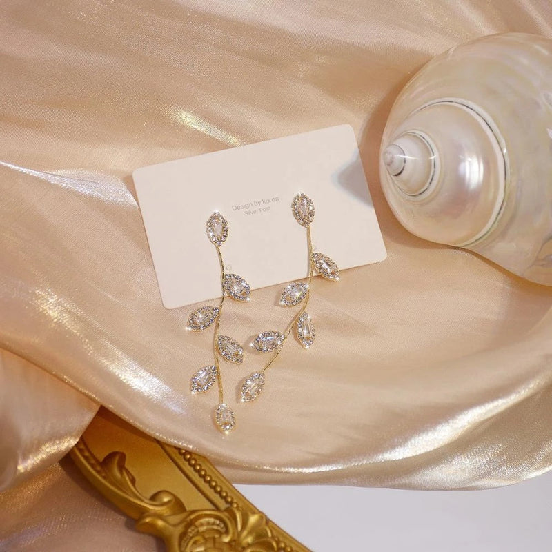 Elegant Long Earrings With Delicate Golden Leaves-State of Style