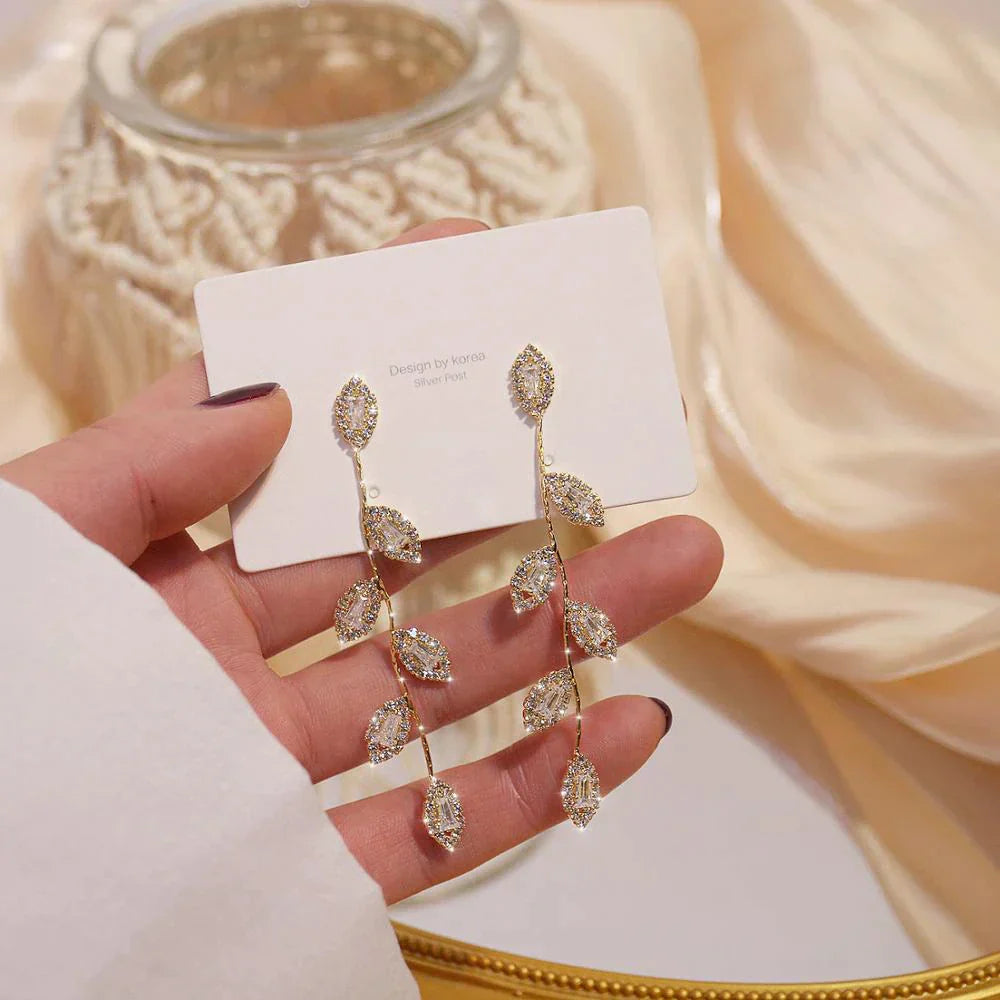 Elegant Long Earrings With Delicate Golden Leaves-State of Style