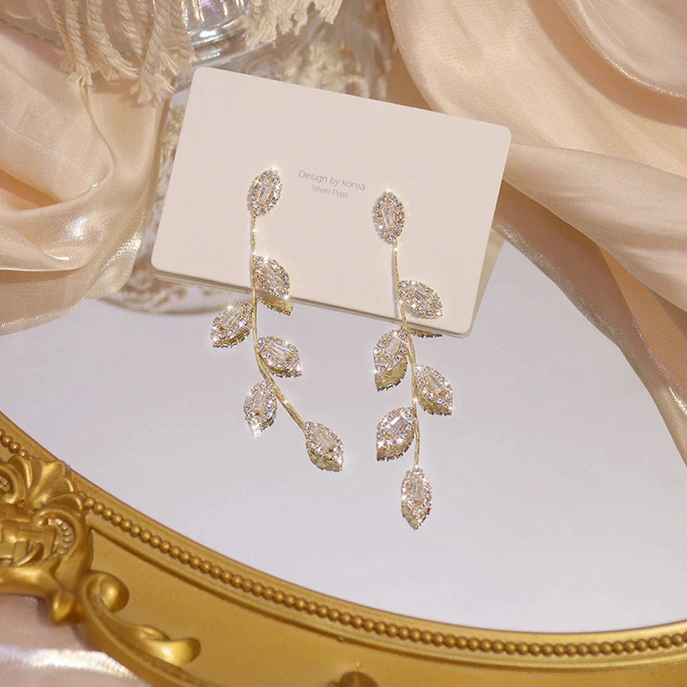 Elegant Long Earrings With Delicate Golden Leaves-State of Style