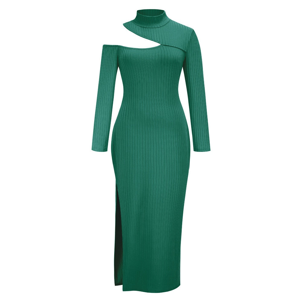 Elegant Long-Sleeve Split Dress for Women-Green-S-State of Style