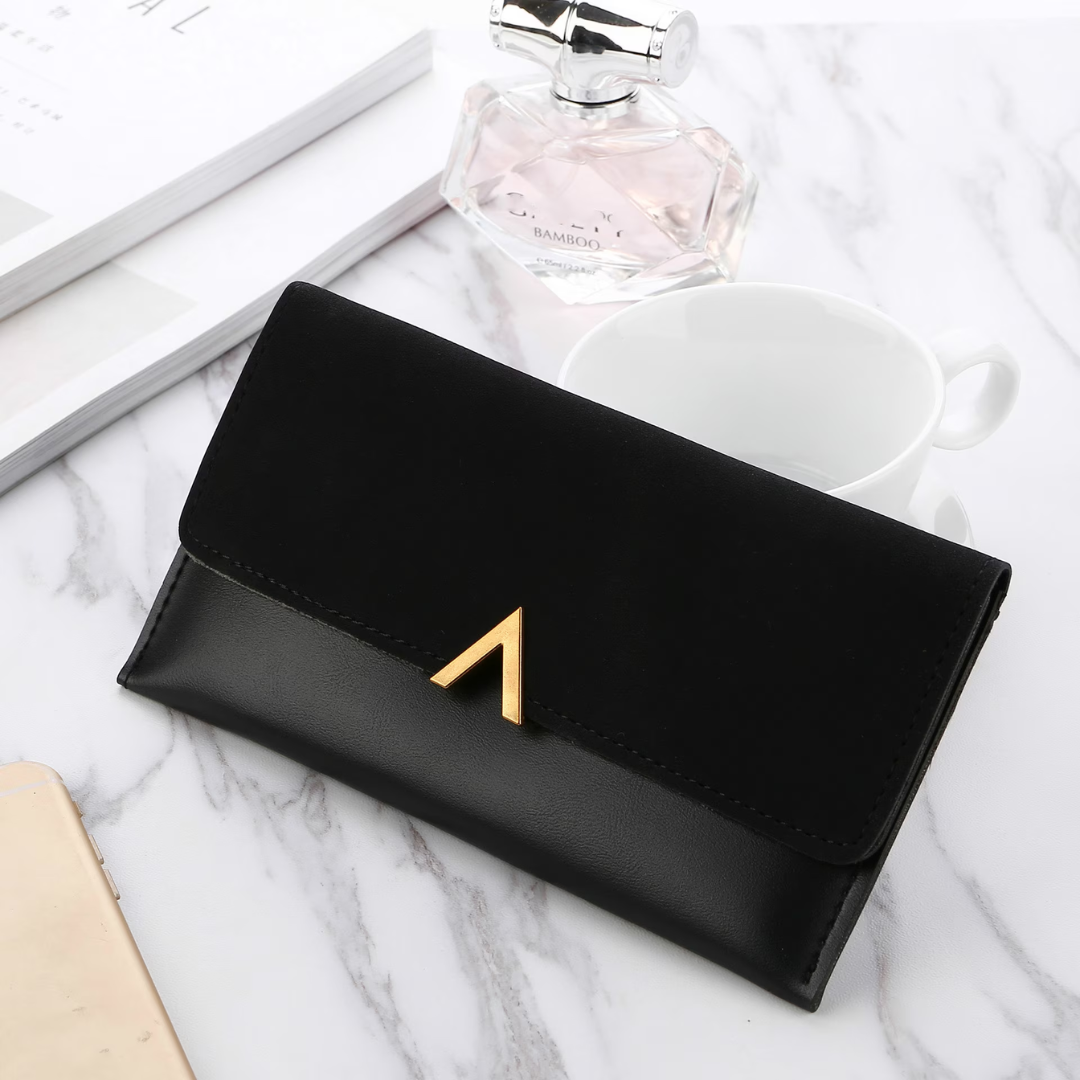 Elegant Long Wallet | Soft Velvet Leather with Gold Clasp-Black-State of Style
