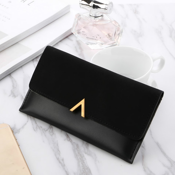 Elegant Long Wallet | Soft Velvet Leather with Gold Clasp-Black-State of Style