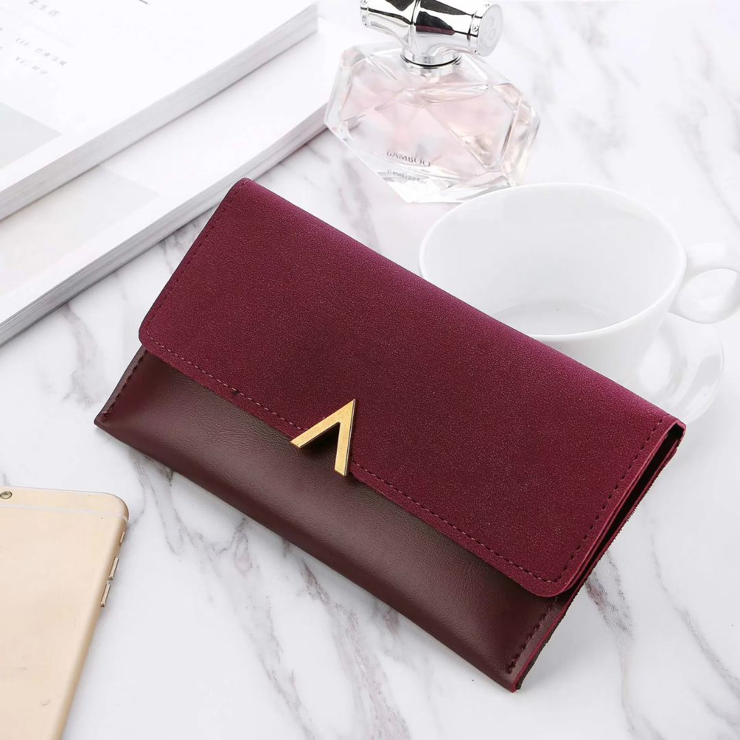 Elegant Long Wallet | Soft Velvet Leather with Gold Clasp-Wine Red-State of Style