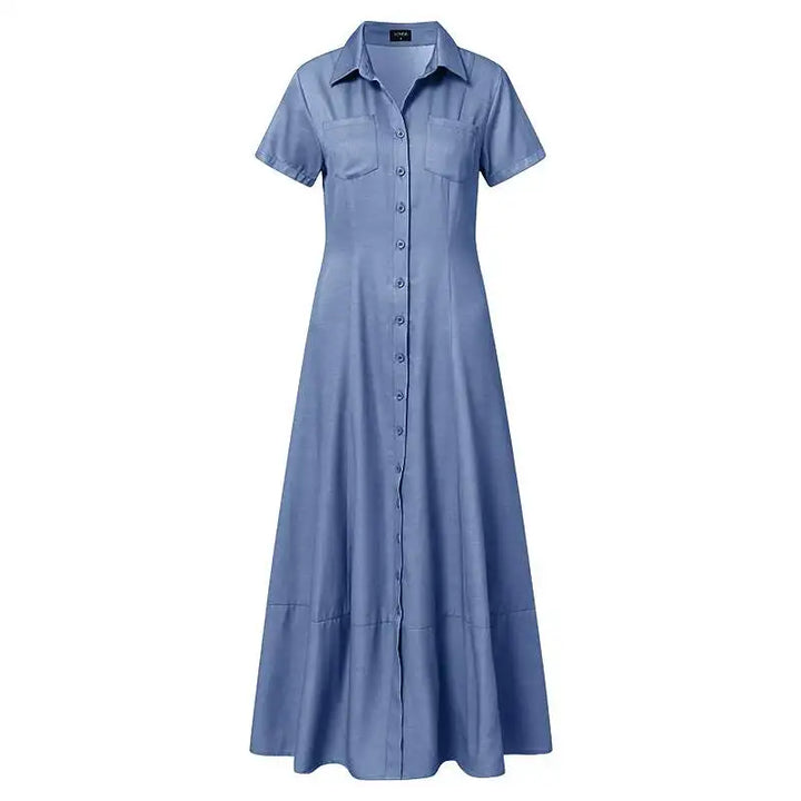 Elegant Maxi Denim Dress for Plus Sizes-Light Blue-S-State of Style