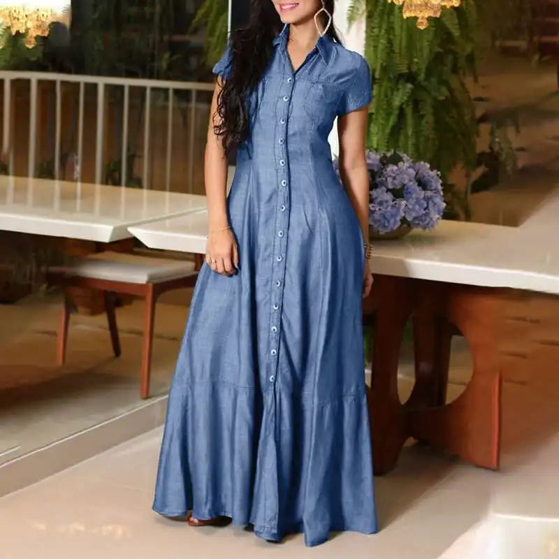 Elegant Maxi Denim Dress for Plus Sizes-Light Blue-S-State of Style