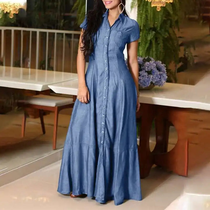 Elegant Maxi Denim Dress for Plus Sizes-Light Blue-S-State of Style