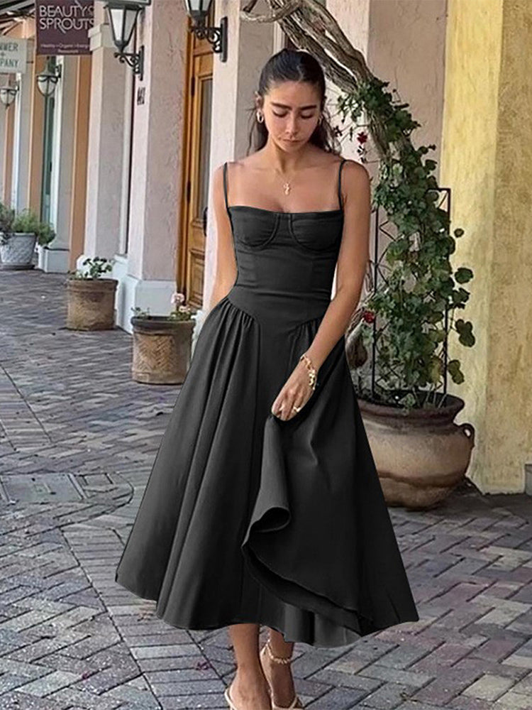 Elegant midi evening dress with pleated hem – Amara-Black-S-State of Style