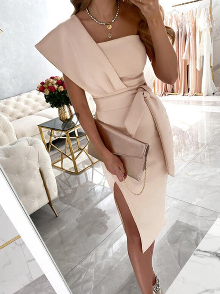 Elegant One-Shoulder Evening Dress with Slit for Women-Apricot-S-State of Style