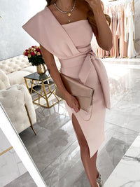 Elegant One-Shoulder Evening Dress with Slit for Women-Pink-S-State of Style