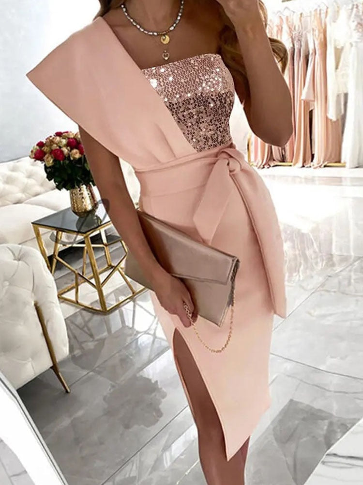 Elegant One-Shoulder Evening Dress with Slit for Women-Pink-Silver-S-State of Style