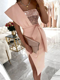 Elegant One-Shoulder Evening Dress with Slit for Women-Pink-Silver-S-State of Style