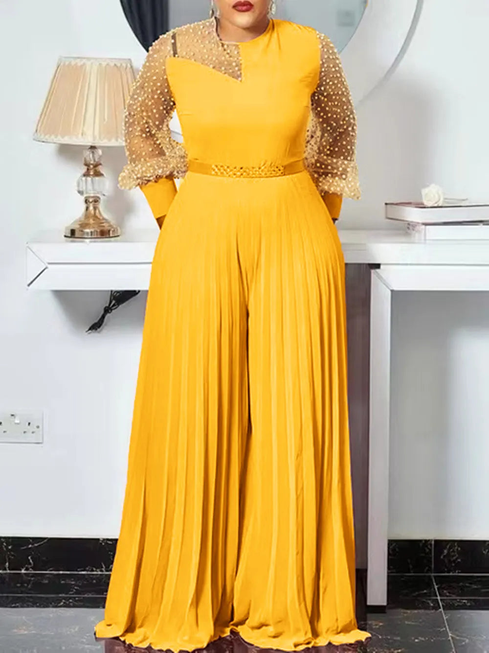 Elegant Pleated Jumpsuit for Plus Sizes-Yellow-XL-State of Style
