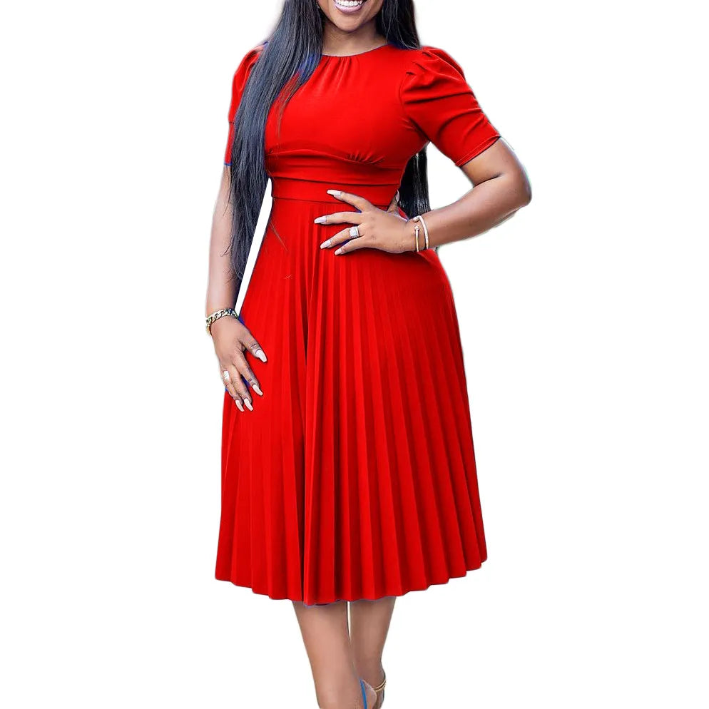 Elegant Pleated Plus Size Dress – Timeless Style with a Modern Silhouette-Red-S-State of Style