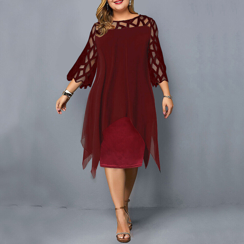 Elegant Plus-Size Midi Dress with Lace Sleeves-Burgundy-L-State of Style