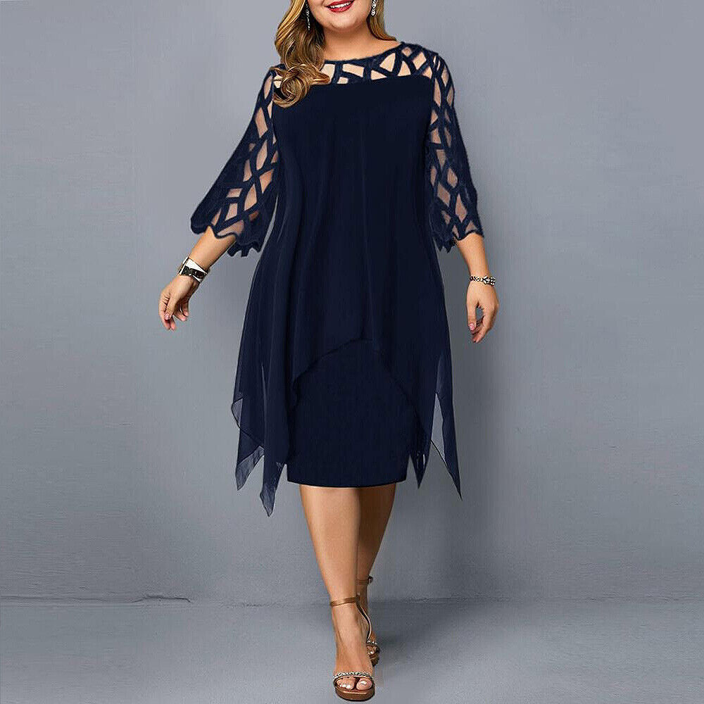 Elegant Plus-Size Midi Dress with Lace Sleeves-Deep Blue-L-State of Style