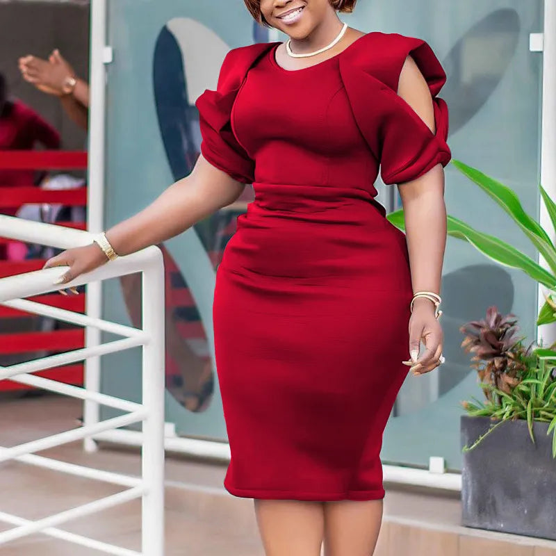 Elegant Plus Size Short Puff Sleeve Dress-Green-S-State of Style