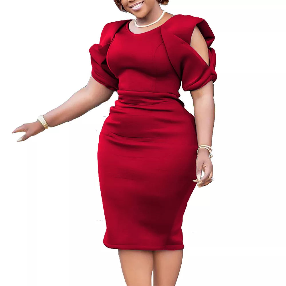 Elegant Plus Size Short Puff Sleeve Dress-Red-S-State of Style