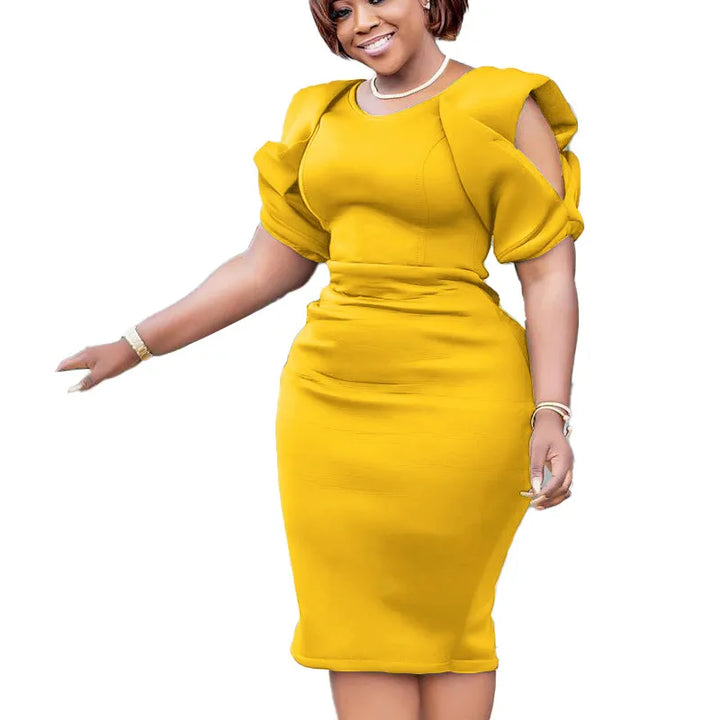 Elegant Plus Size Short Puff Sleeve Dress-Yellow-S-State of Style