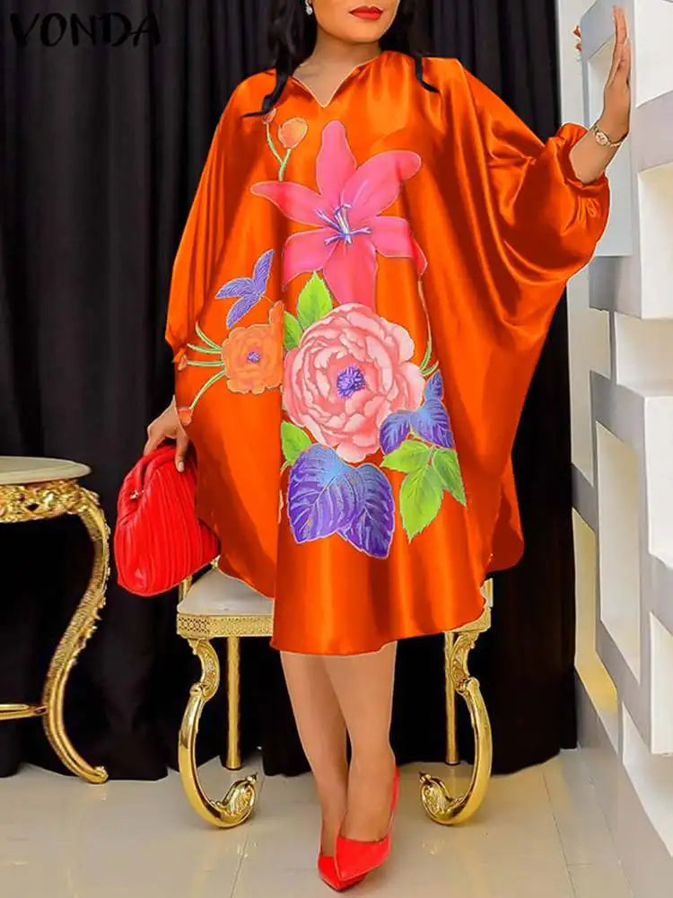 Elegant Plus Size Summer Dress with Batwing Sleeves & Floral Print-Orange-2XL-State of Style