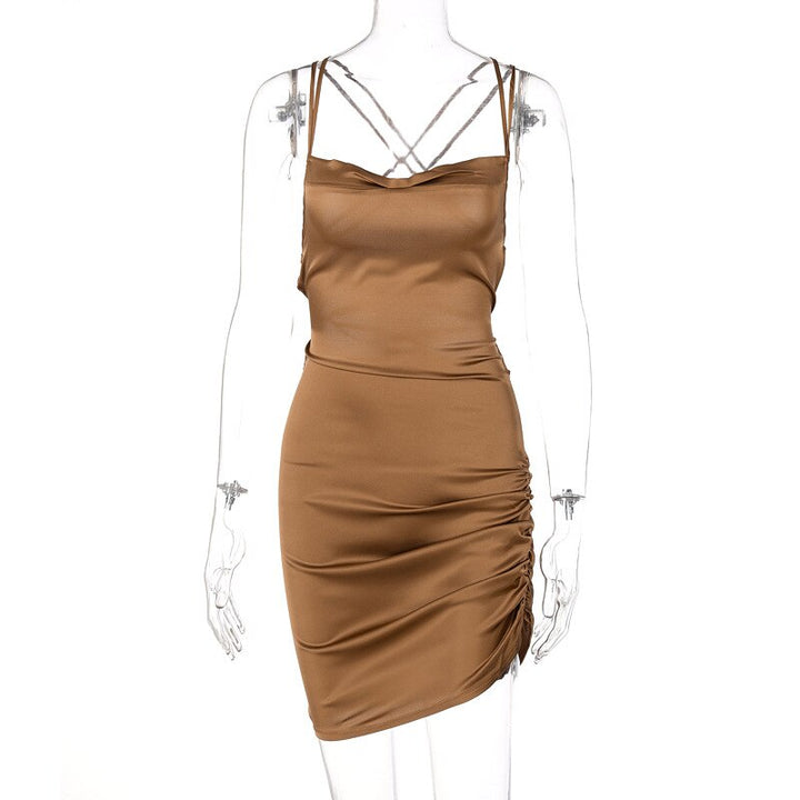 Elegant Satin Mini Dress-Brown-S-State of Style