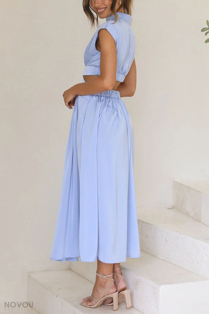 Elegant summer midi dress with roll neck and waist cut-out – Avelina-Black-S-State of Style