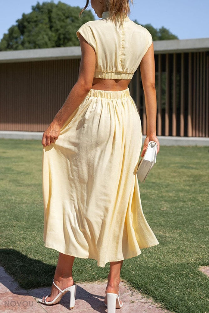 Elegant summer midi dress with roll neck and waist cut-out – Avelina-Black-S-State of Style