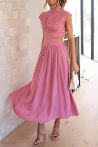 Elegant summer midi dress with roll neck and waist cut-out – Avelina-Black-S-State of Style