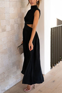 Elegant summer midi dress with roll neck and waist cut-out – Avelina-Black-S-State of Style