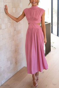 Elegant summer midi dress with roll neck and waist cut-out – Avelina-Black-S-State of Style